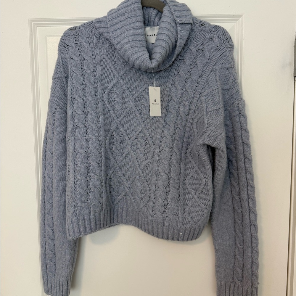 Pink Rose Blue Cowl Neck Cable Knit Sweater